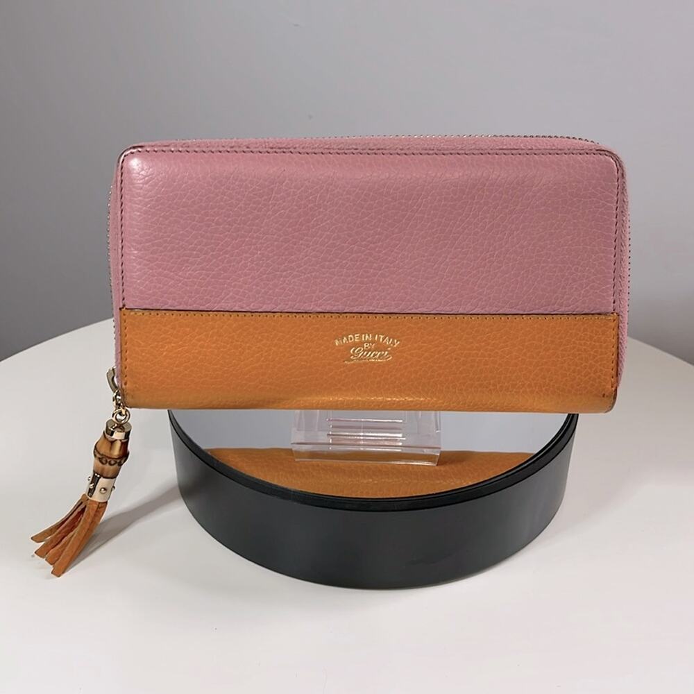 GUCCI Japan Exclusive Pink & Orange Leather Bamboo Zip Long Wallet $950 COA EUC